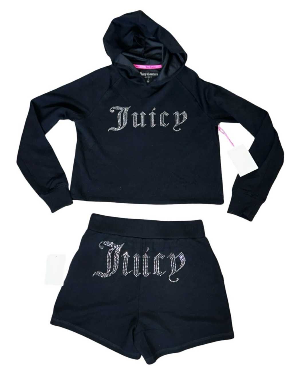 JUICY COUTURE SPORT BLING RHINESTONE LOGO BLACK LIQUORICE HOODIE & SHORTS SET